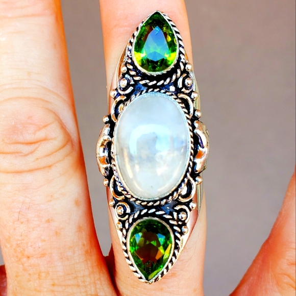 New Rainbow Moonstone & Peridot 925 Silver Statement Ring. - Picture 1 of 13